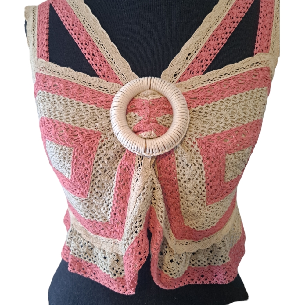 Anthropologie - Let Me Be - Open Back Crochet Tank Top Size Small Pink/Cream - Picture 4 of 16